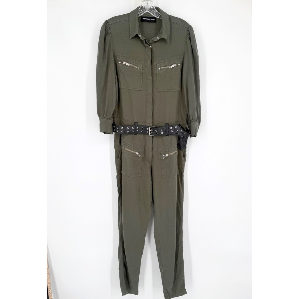 The Kooples Jeans Utility Jumpsuit Olive Green Linen Blend Belted Snap Front 2 M - Picture 2 of 16